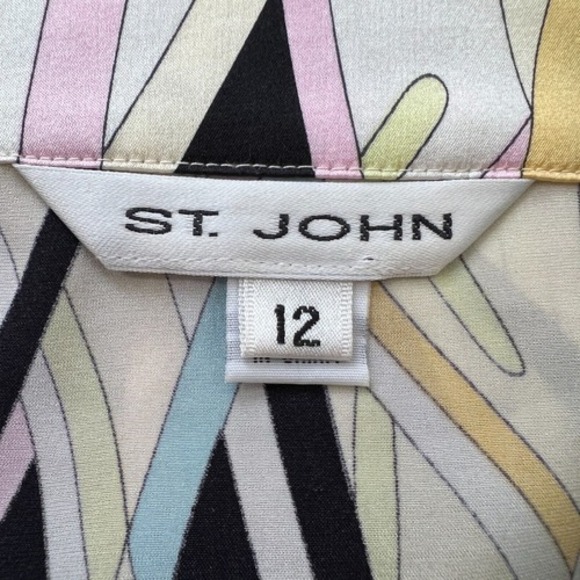 Vintage  St. John Silk Multi‎ Color Abstract Striped Mod Dagger Collar Blouse 12 - Picture 8 of 10